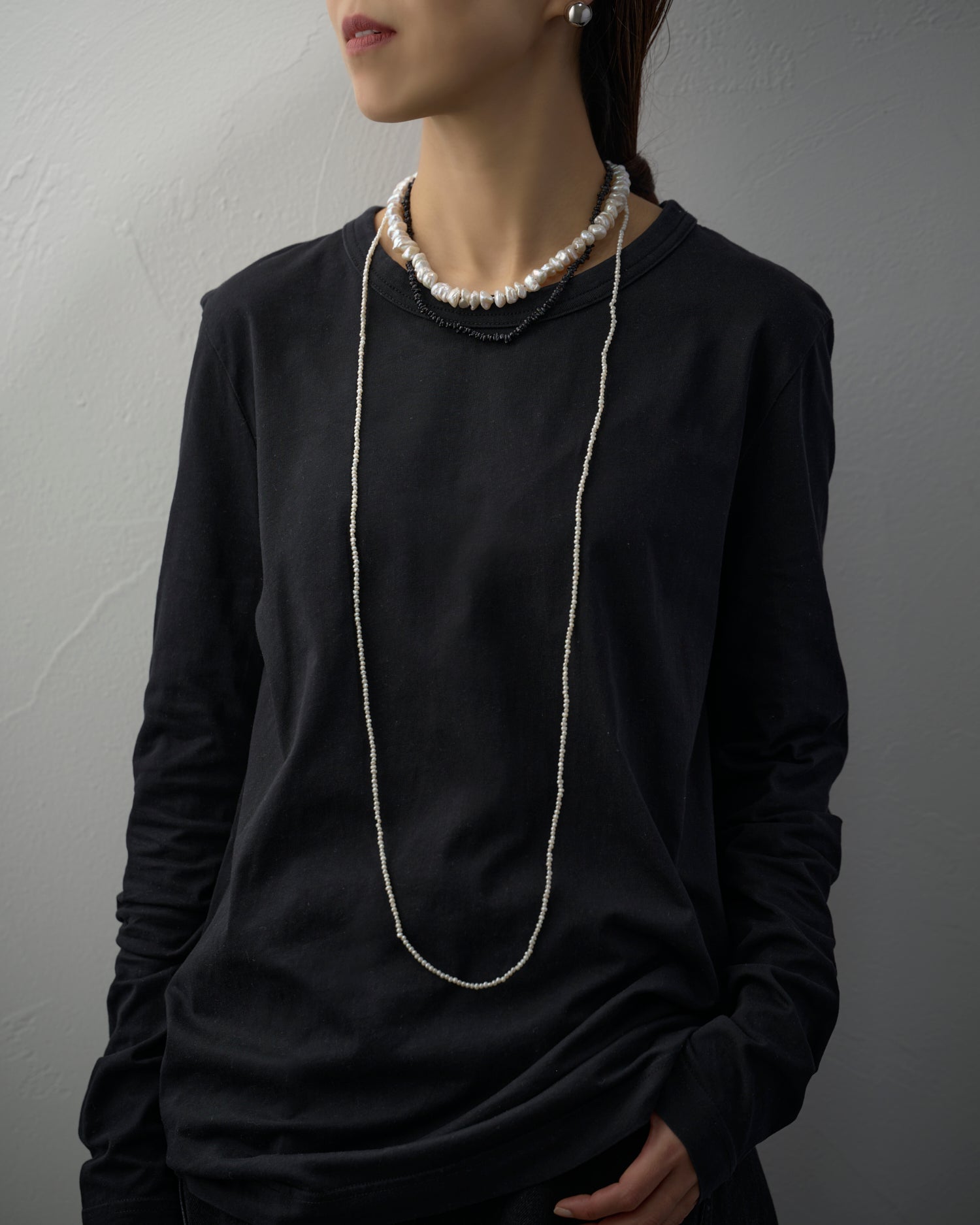 LIMITED COLLECTION 【Freshwater pearl ball chain necklace(keshi/black)】