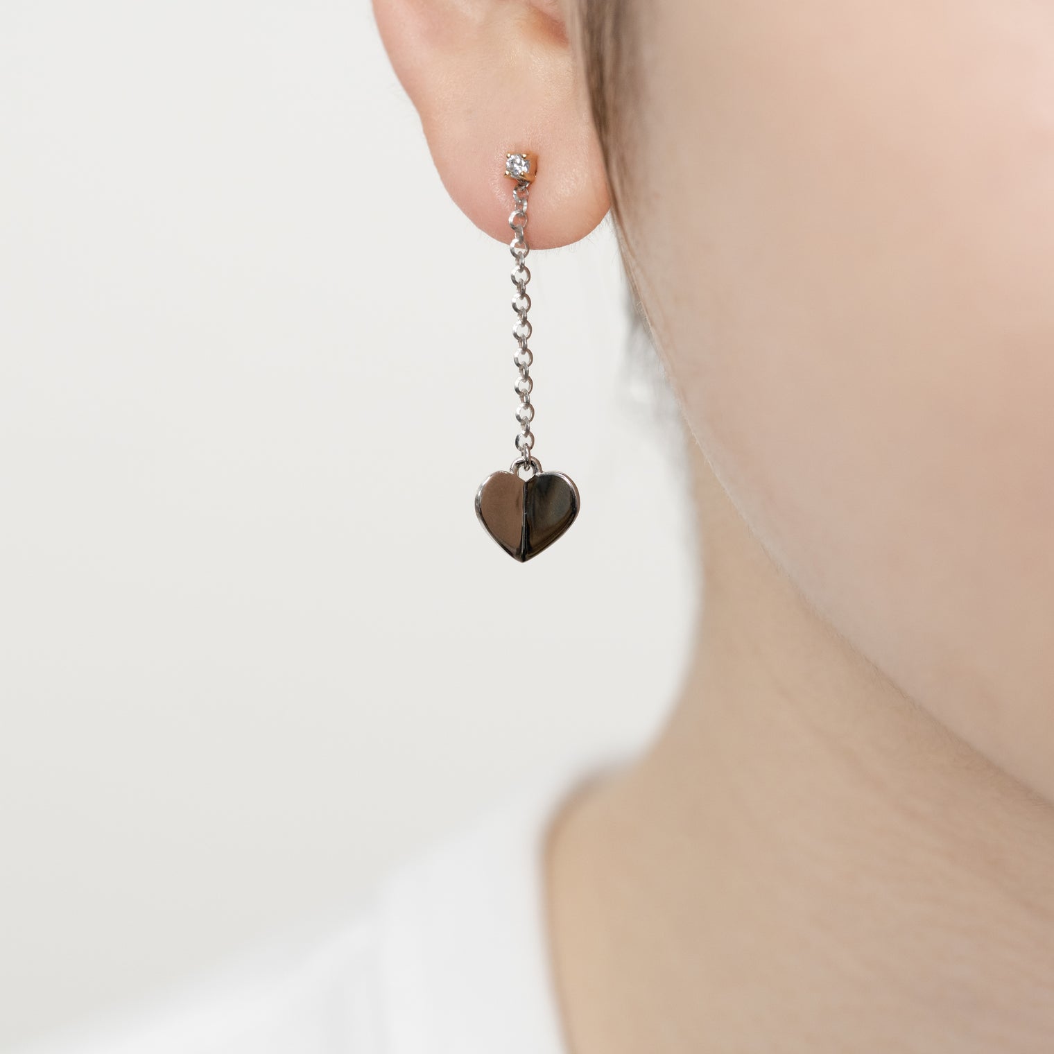 2way heart chain short pierce (silver / 1cubiczirconia / 9mm pearl catch )