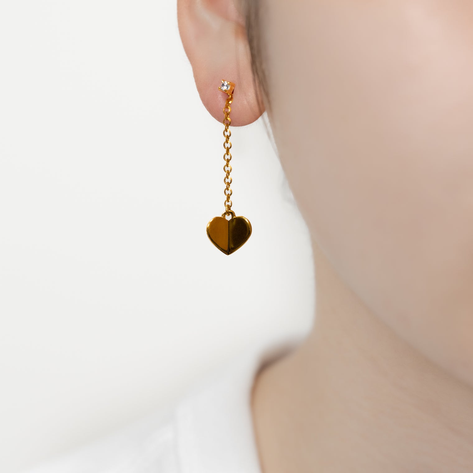 2way heart chain short pierce ( gold / 1cubiczirconia / 9mm pearl catch )