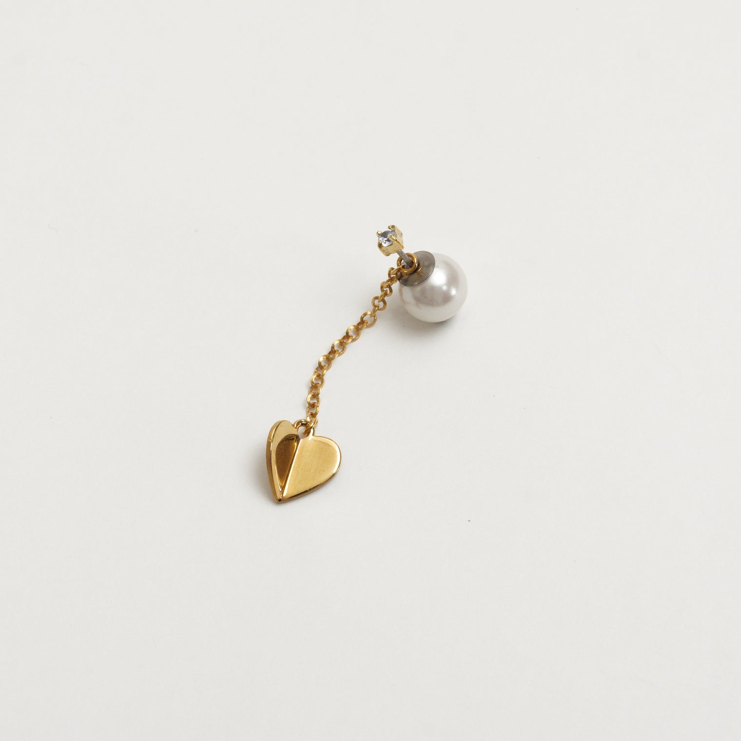 2way heart chain short pierce ( gold / 1cubiczirconia / 9mm pearl catch )