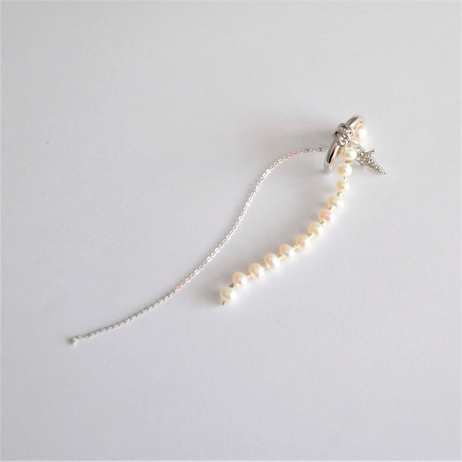 LIMITED COLLECTION 【Pave silver star & silver long chain earring ( freshwater pearl / silver )】