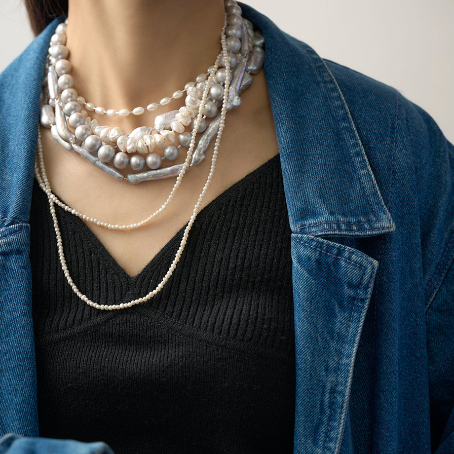 LIMITED COLLECTION 【Freshwater pearl ball chain necklace（rice/long)】